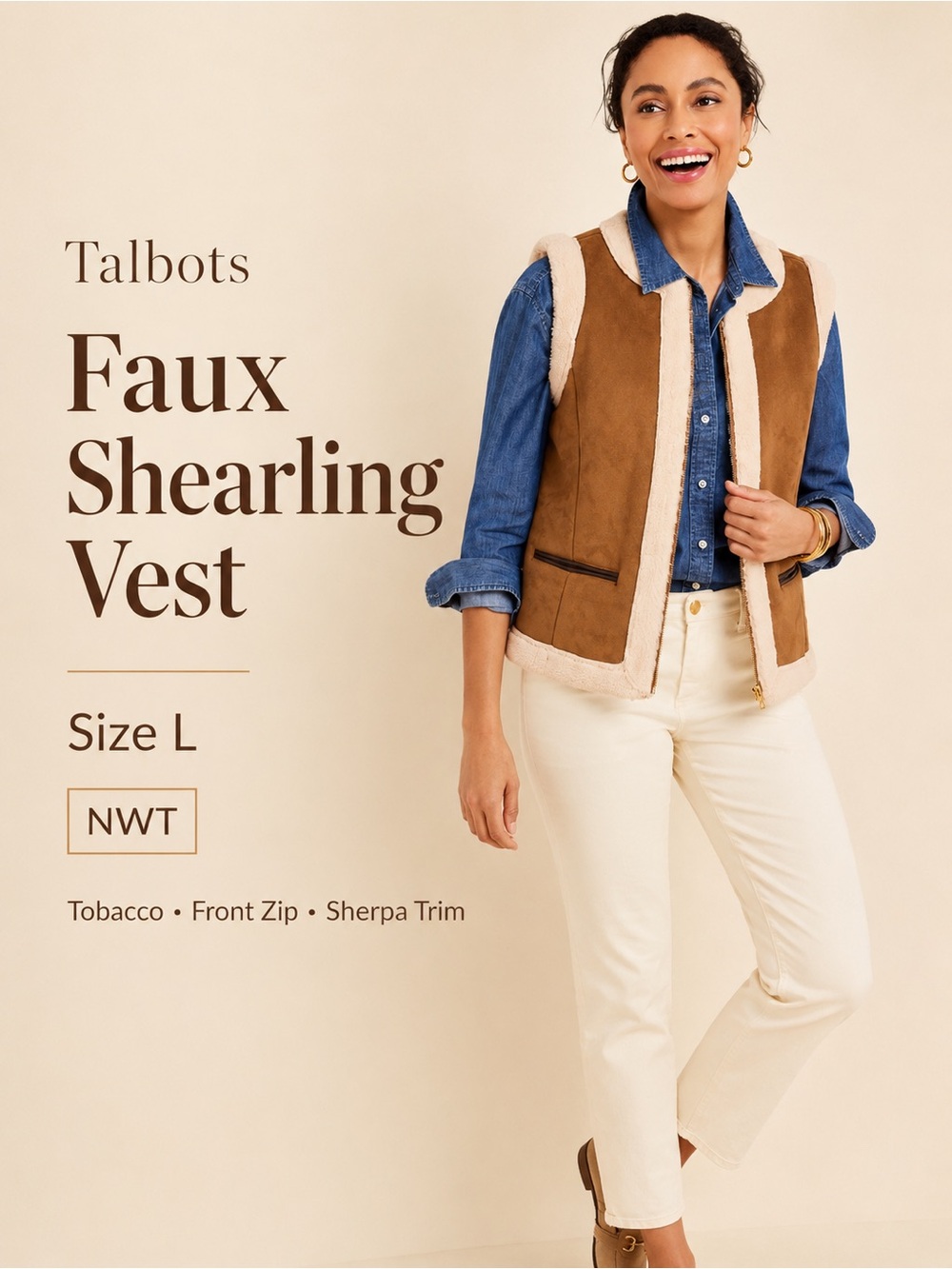 Talbots NWT Faux Shearling Sherpa Trim Zip Front Vest‎ Tobacco Brown Size L